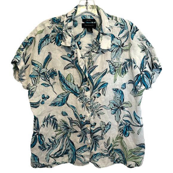 Tahari Tropical Linen Button Top Womens Large White Turquoise Coastal Aloha - Picture 1 of 9